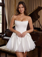 White Satin A-Line Straight Back Zip Short Dress with Corset Bodice and Bow - Curvevia