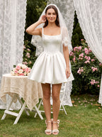 White Satin A-Line Square Neck Back Zip Short Dress with Lace Appliques - Curvevia