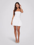 White Satin A-Line Straight Neck Side Zip Short Dress with Bubble Hem - Curvevia