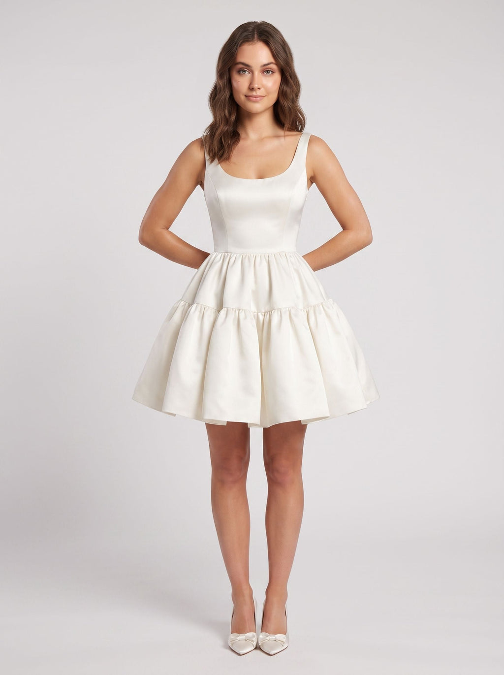 White Satin A-Line Scoop Neck Back Zip Short Dress with Spaghetti Straps - Curvevia