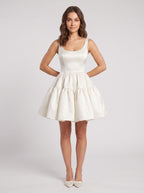 White Satin A-Line Scoop Neck Back Zip Short Dress with Spaghetti Straps - Curvevia