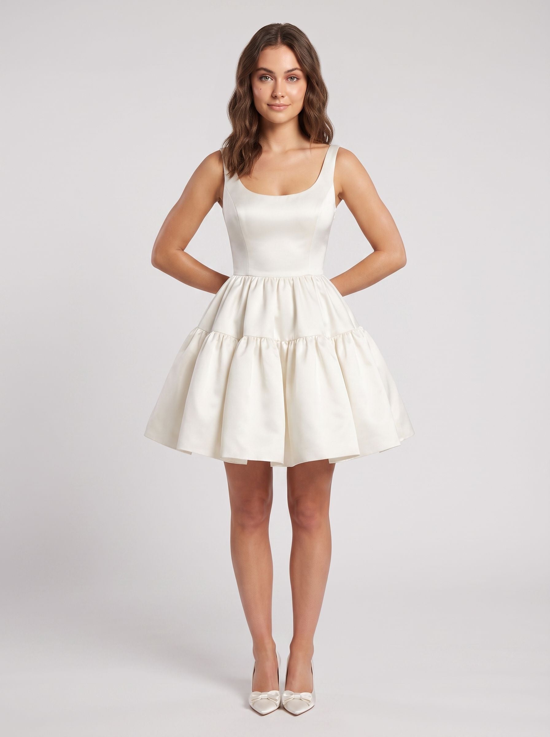 White Satin A-Line Scoop Neck Back Zip Short Dress with Spaghetti Straps - Curvevia