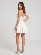 White Satin A-Line Straight Neck Lace-up Short Dress with Bow Front - Curvevia