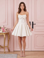 White Satin A-Line Straight Neck Lace-up Short Dress with Bow Front - Curvevia