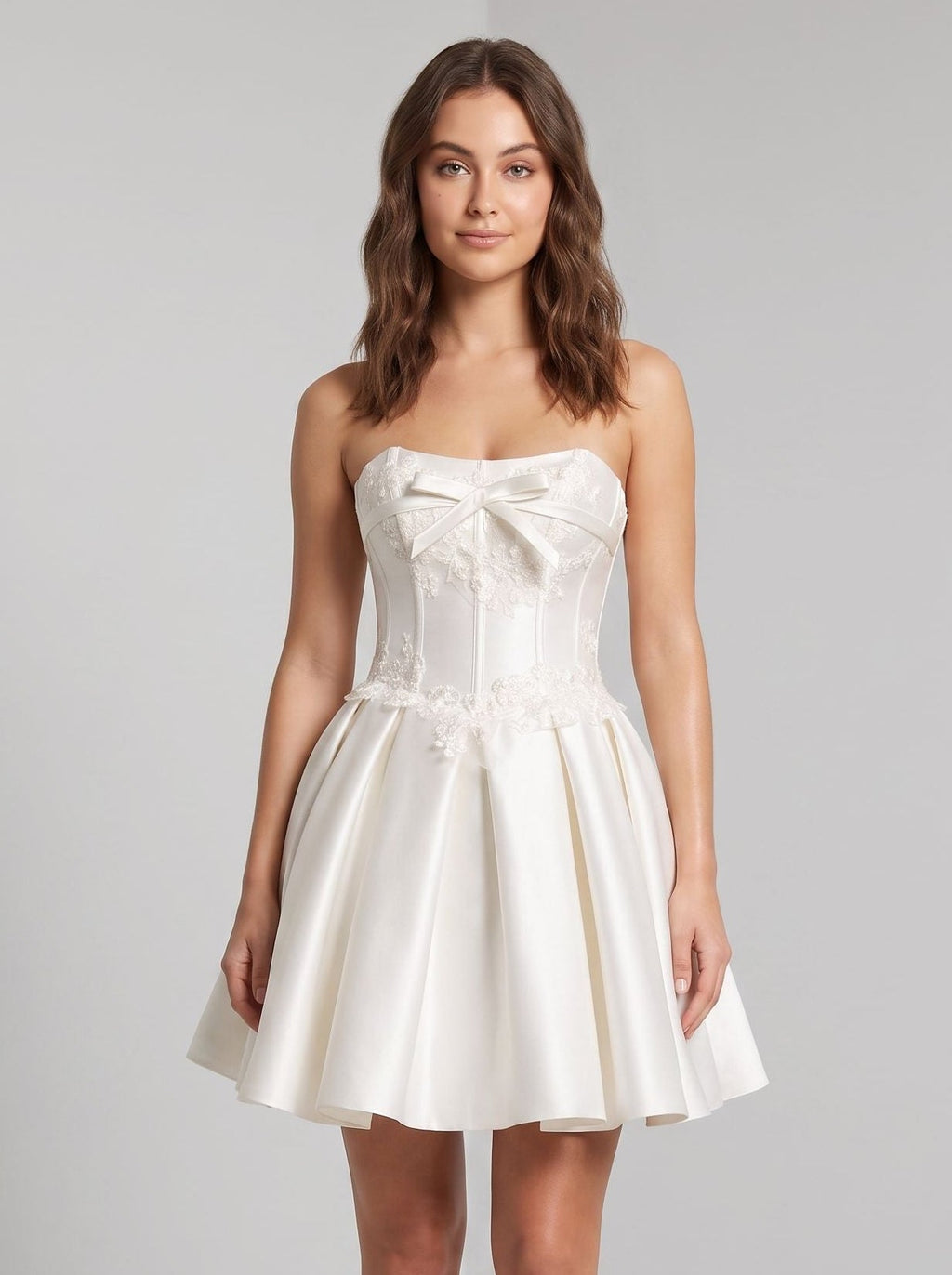 White Satin A-Line Straight Neck Lace-up Short Dress with Bow Front - Curvevia