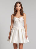 White Satin A-Line Straight Neck Lace-up Short Dress with Bow Front - Curvevia