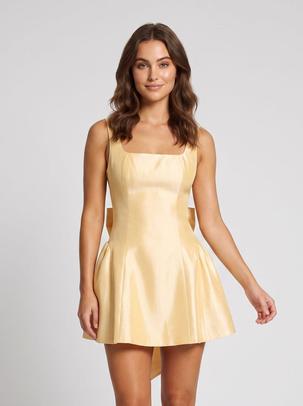 Butter Satin A-Line Square Neck Bow Short Dress with Open Back - Curvevia