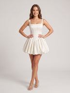 White Satin A-Line Square Neck Lace-up Short Dress with Spaghetti Straps - Curvevia