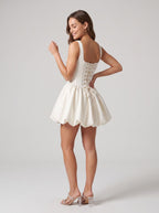 White Satin A-Line Square Neck Lace-up Short Dress with Spaghetti Straps - Curvevia