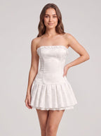 White Satin A-Line Straight Neck Lace-up Short Dress with Floral Print - Curvevia
