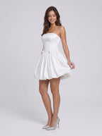 White Satin A-Line Straight Neck Criss-Cross Straps Short Dress with Bow - Curvevia