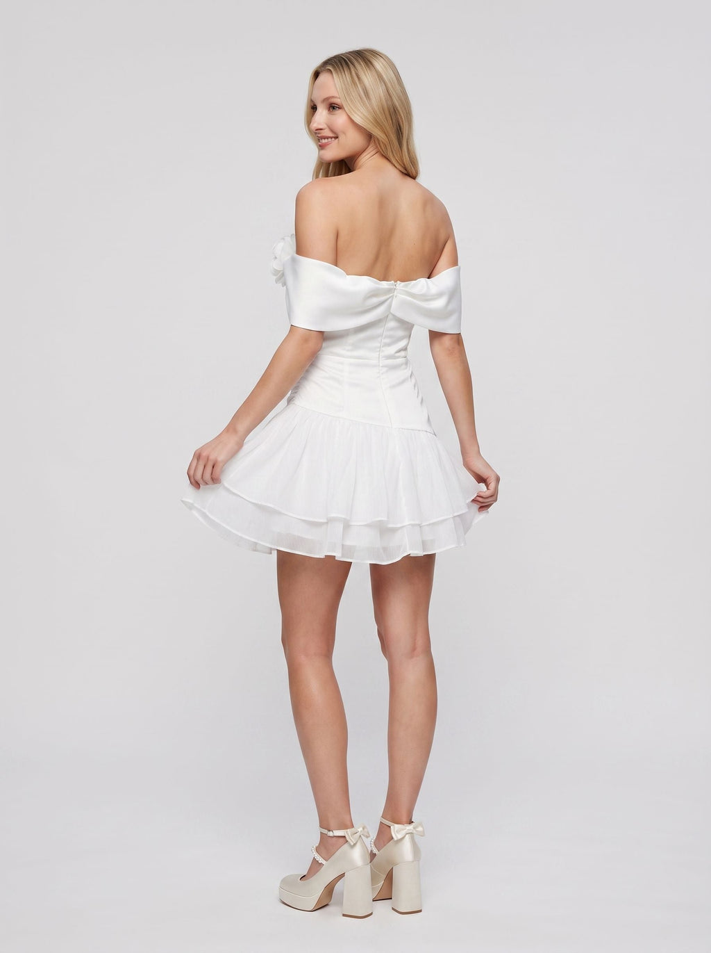 White Satin A-Line Off-the-Shoulder Back Zip Short Dress with Pleating - Curvevia