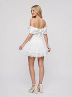 White Satin A-Line Off-the-Shoulder Back Zip Short Dress with Pleating - Curvevia