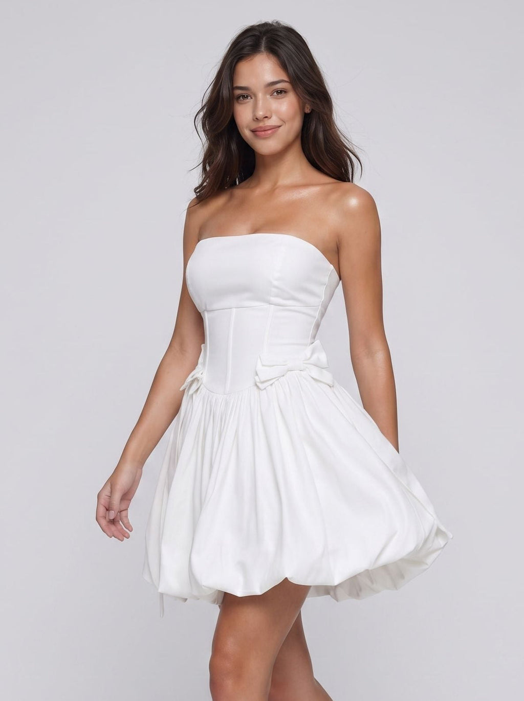 White Satin A-Line Straight Neck Criss-Cross Straps Short Dress with Bow - Curvevia