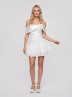 White Satin A-Line Off-the-Shoulder Back Zip Short Dress with Pleating - Curvevia
