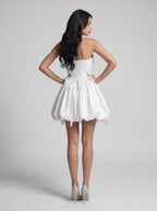White Satin A-Line Straight Neck Criss-Cross Straps Short Dress with Bow - Curvevia