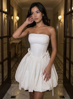 White Satin A-Line Straight Neck Criss-Cross Straps Short Dress with Bow - Curvevia