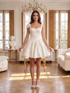 Ivory Satin A-Line Sweetheart Back Zip Short Dress with Spaghetti Straps - Curvevia