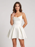 White Satin A-Line Cowl Neck Back Zip Short Dress with Spaghetti Straps - Curvevia