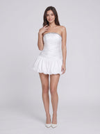 White Satin A-Line Strapless Back Zip Short Dress with Beading - Curvevia