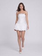 White Satin A-Line Strapless Back Zip Short Dress with Beading - Curvevia