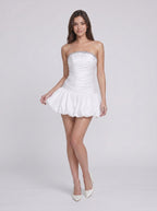White Satin A-Line Strapless Back Zip Short Dress with Beading - Curvevia