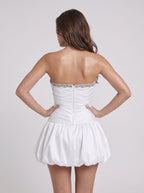 White Satin A-Line Strapless Back Zip Short Dress with Beading - Curvevia