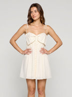 White Satin A-Line Sweetheart Back Zip Short Dress with Statement Bow - Curvevia
