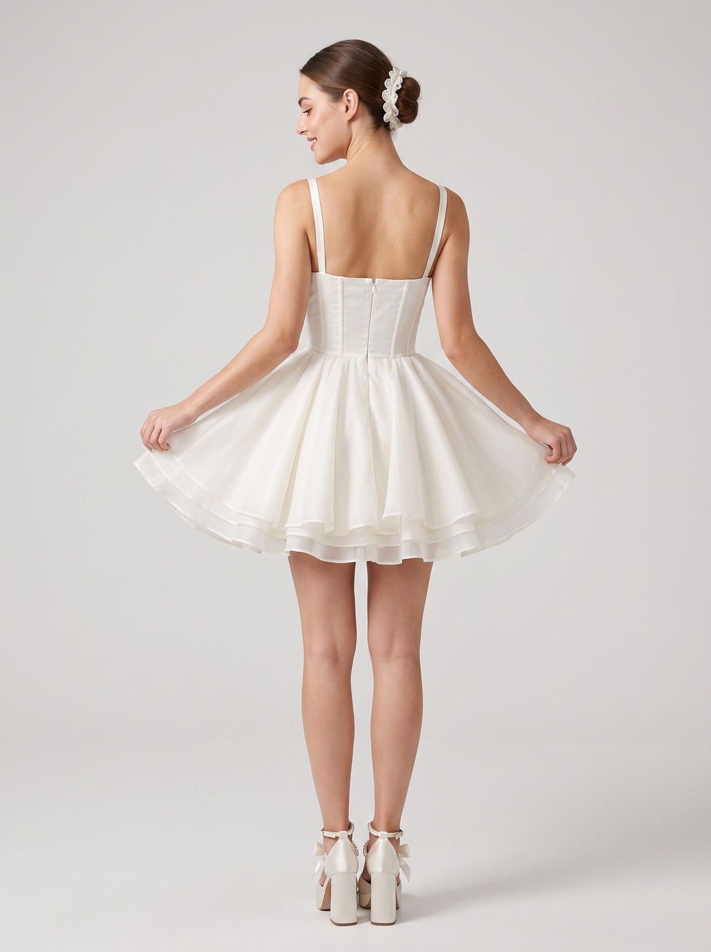 White Satin A-Line Sweetheart Back Zip Short Dress with Spaghetti Straps - Curvevia