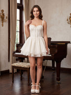 White Satin A-Line Sweetheart Back Zip Short Dress with Spaghetti Straps - Curvevia