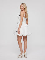 White Satin A-Line Straight Neck Back Zip Short Dress with 3D Butterflies - Curvevia