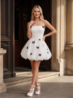 White Satin A-Line Straight Neck Back Zip Short Dress with 3D Butterflies - Curvevia