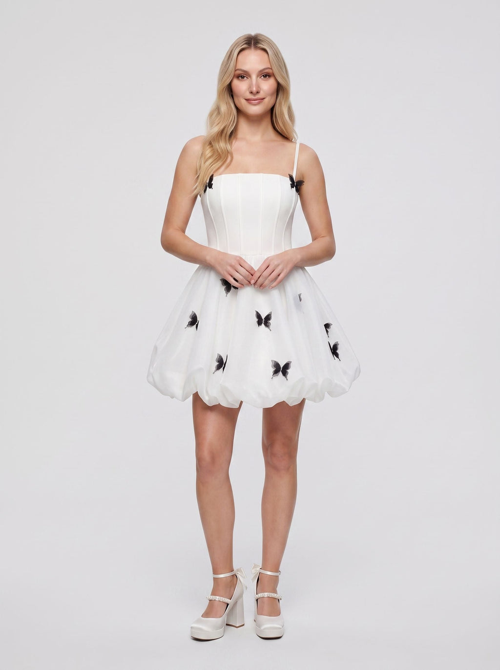 White Satin A-Line Straight Neck Back Zip Short Dress with 3D Butterflies - Curvevia