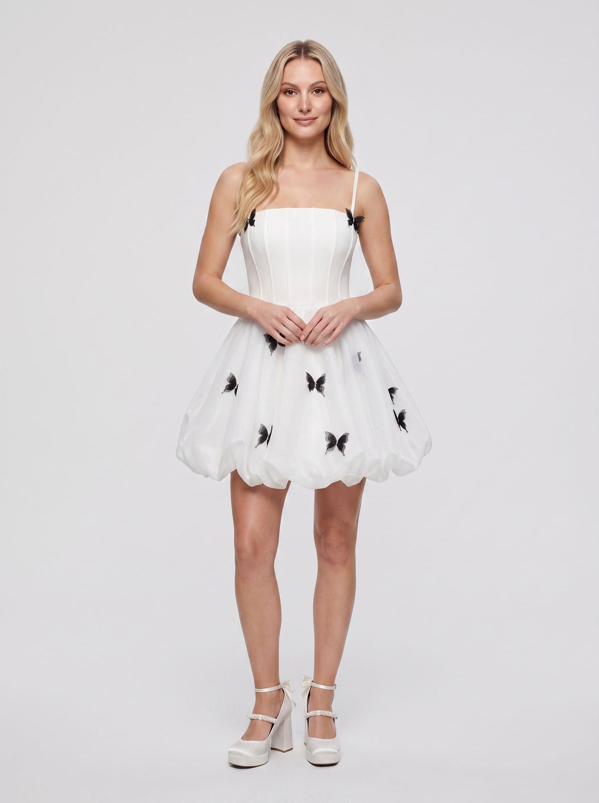 White Satin A-Line Straight Neck Back Zip Short Dress with 3D Butterflies - Curvevia