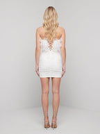 White Satin A-Line Straight Neck Lace-up Short Dress With Ruffles - Curvevia