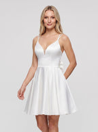 White Satin A-Line Sweetheart Bow Short Dress with Double Straps - Curvevia