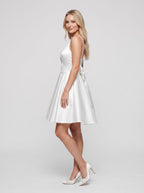 White Satin A-Line Sweetheart Bow Short Dress with Double Straps - Curvevia