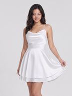 White Satin A-Line Cowl Neck Criss-Cross Straps Short Dress with Built-In Boning - Curvevia