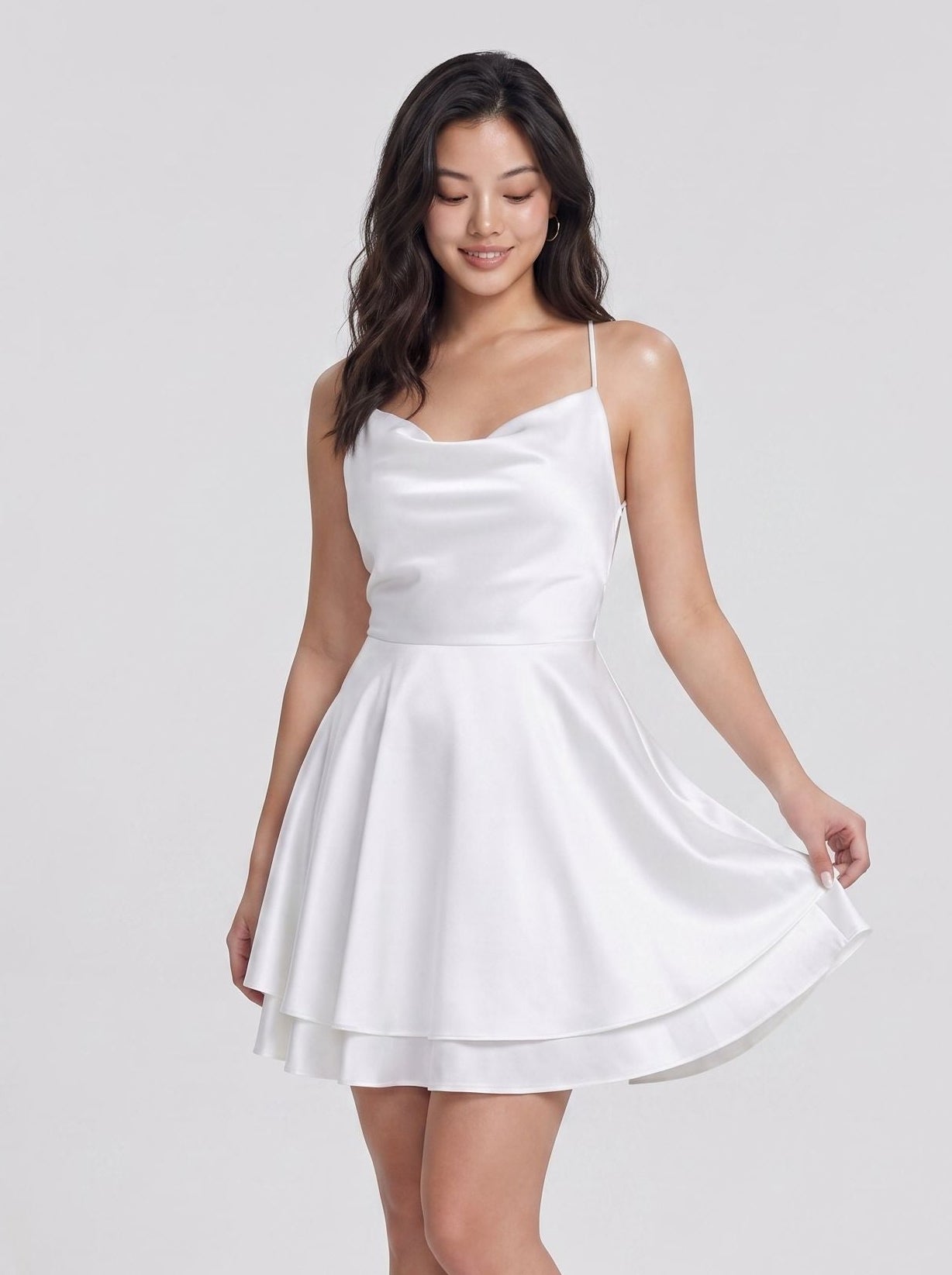 White Satin A-Line Cowl Neck Criss-Cross Straps Short Dress with Built-In Boning - Curvevia