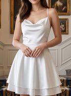 White Satin A-Line Cowl Neck Criss-Cross Straps Short Dress with Built-In Boning - Curvevia