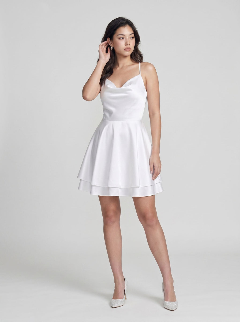 White Satin A-Line Cowl Neck Criss-Cross Straps Short Dress with Built-In Boning - Curvevia