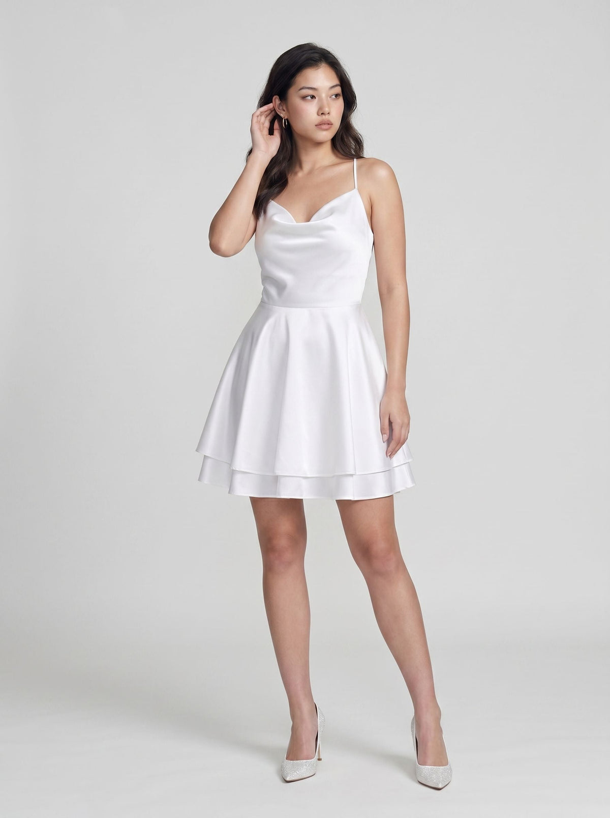 White Satin A-Line Cowl Neck Criss-Cross Straps Short Dress with Built-In Boning - Curvevia
