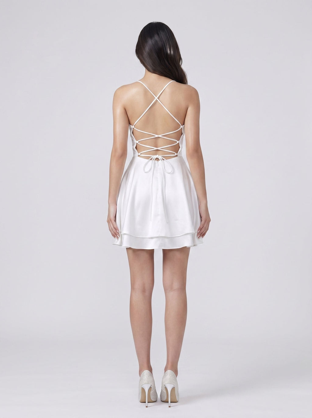 White Satin A-Line Cowl Neck Criss-Cross Straps Short Dress with Built-In Boning - Curvevia