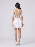 White Satin A-Line Cowl Neck Criss-Cross Straps Short Dress with Built-In Boning - Curvevia