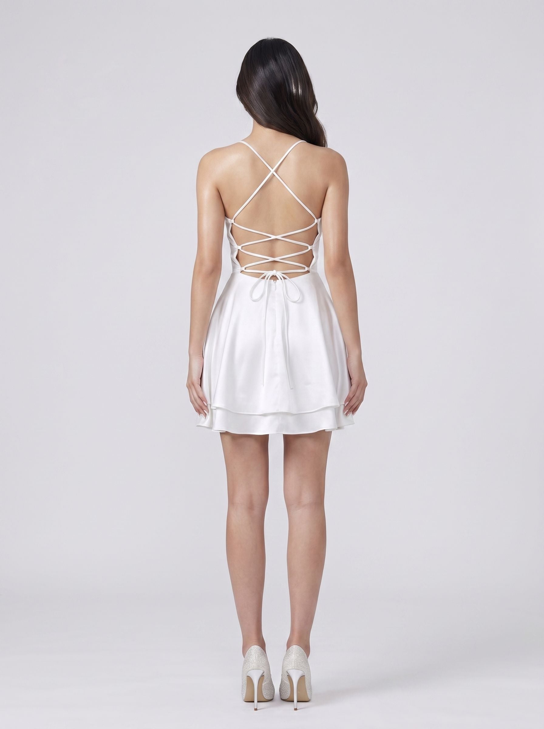 White Satin A-Line Cowl Neck Criss-Cross Straps Short Dress with Built-In Boning - Curvevia