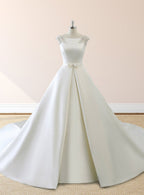 White Satin Cap Sleeve Lace-Up Wedding Dress With Pearls - Curvevia