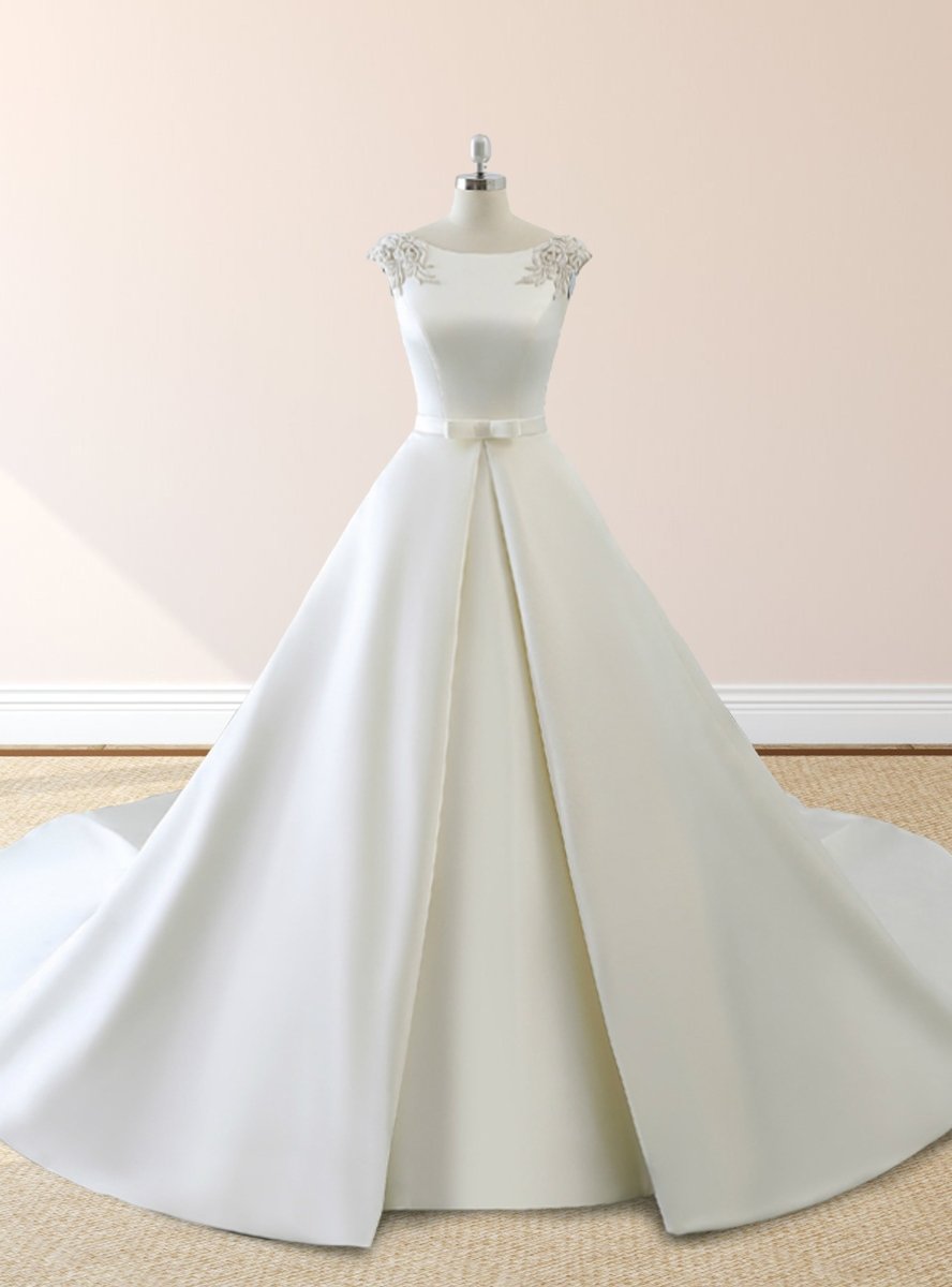 White Satin Cap Sleeve Lace-Up Wedding Dress With Pearls - Curvevia