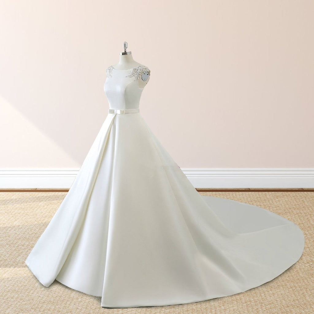 White Satin Cap Sleeve Lace-Up Wedding Dress With Pearls - Curvevia