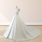 White Satin Cap Sleeve Lace-Up Wedding Dress With Pearls - Curvevia