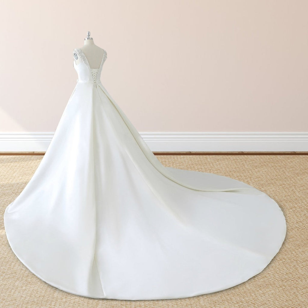 White Satin Cap Sleeve Lace-Up Wedding Dress With Pearls - Curvevia